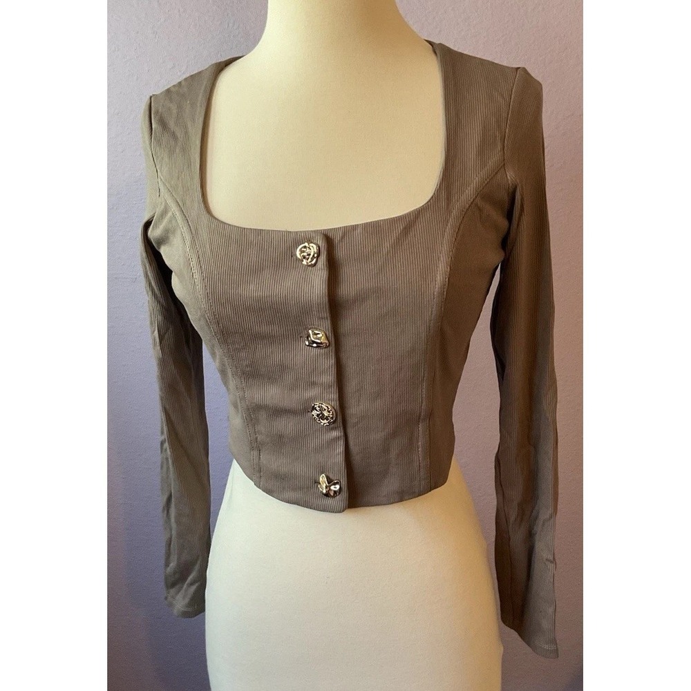 Edit by Nine Brown Long Sleeve Crop Top Gold Buttons Size‎ Small New